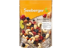 Seeberger Nuts 'n' Berries : mélange d’amandes croquantes, noix de cajou, raisins sultanines, cranberries, cerises, myrtilles et noisettes décortiquées (Sachet de 5 x 150 g)