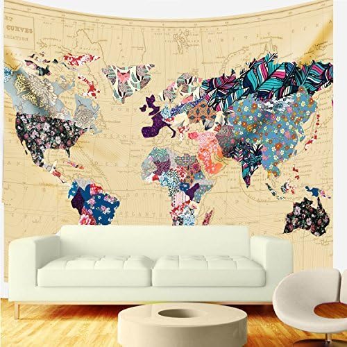 Bonnie Bone Floral Watercolor World Map Tapestry Colorful Printed Wall Hanging For Living Room Bedroom Dorm Home Decor (M:51.18"X59.06")