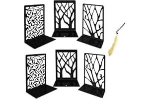 Iycnkok Sujetalibros Estantería de Metal Sujeta Libros - Diseño de árbol/Pájaro/Hoja Negro - Ideal para Oficina Infantil Escuelas Decoración Escritorio - 3 Pares, Marcapáginas Incluido