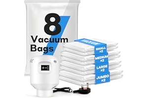 SOFOFUX Vacuum Storage Bags with Electric Pump, 8-Pack Combo Vacuum Sealed Bags, (2 Jumbo + 2 Large + 2 Medium + 2 Small), Saves 80% Space for Clothes, Pillows, Quilts, Travelling and Moving