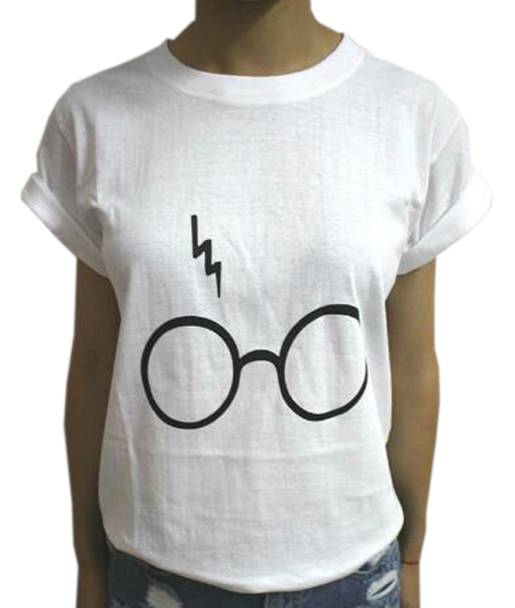 JQLampe-Damen-Sommer-Kurzarm-Rundhals-T-Shirt-Harry-Potter-Laserbrille-Drucken-Oberteile-Tops-Lose-Bluse