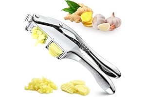 OMANA Garlic Press Slicer Easy to Use & Clean Crusher Ginger Mincer Stainless Steel Heavy Duty Peeler Squeezer Rust Proof & Dishwasher Safe Ergonomics Handle Kitchen 2in1