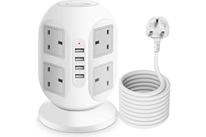 FELICIDADE Tower Extension Lead with USB Slots，multi-socket tower 6m extension cable, with dual switch socket tower, for power board surge protection in garden, home, office