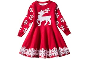 EUDOLAH Navidad Lindo Vestido Dulce de Punto Niña con Estampado Alces y Copos Nieve Suéter Invierno Cálido