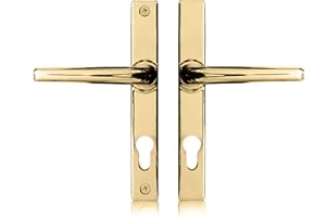 SCHLOSSER TECHNIK XFORT Uros Ferco - Paire de poignées de porte en uPVC en laiton poli (PZ 70 mm, Distance entre les trous 180mm, longueur totale 205 mm), poignées de remplacement en Zamak, poignées de porte d'entrée