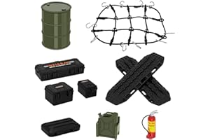 EPINON 1/24 RC Crawler Accessories Car Roof Decoration Luggage Net, Recovery Board, Oil Drum, Fire Extinguisher, Toolbox for 1/16 1/18 TRX4M 1/24 Axial SCX24 FMS RC Crawler Upgrade Parts (Army Green)