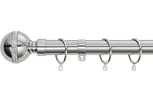 A.Unique Home Diamante Ball Metal Extendable Curtain Pole with Rings and Fittings, In a Variety of Colours and Sizes (25/28mm) (Brushed Steel, 180cm - 340cm, 71" to 134" Approx)