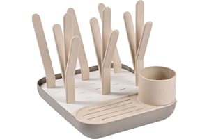 BÉABA, Escurridor y secador de biberones, gran capacidad, fabricado en España, modulable, hasta 6 biberones y vajilla para niños, recipiente para accesorios, fácil de guardar, compacto, Aarcilla.