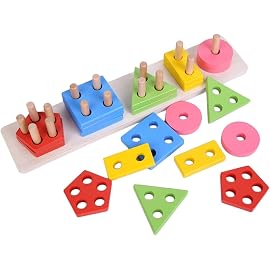 CraftDev Wooden Intellectual Geometric Shapes Matching Five Column Blocks Educational & Learning Toys for Kids +3 Years