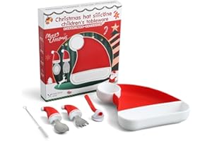 BEWOS Christmas Style Baby Weaning Set 5 PCS, Baby Cutlery Set, Baby Feeding Set Includes Baby Suction Plate, 304 Nice Quality Stainless Steel Fork and Weaning Spoon, etc, Nice Gift for Babies