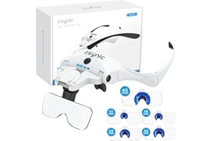 eSynic Lupa ze światłem LED, lupa na głowę, lupa na głowę, lupa na głowę, lupa z oświetleniem, 5 soczewek, 1,2-1,8-2,5-3,5-4,5 x, do naprawy jubilerów, szycia, rzemiosła