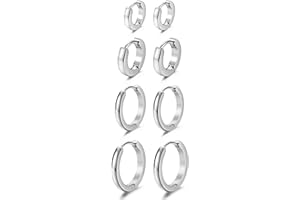 4 Pairs Men Huggie Earrings Hinged Hoop Dangle Earrings, Cupimatch Stainless Steel Ear Piercing Hoop Earrings Jewelry Set 7-14MM(Silver) for Fathers Day