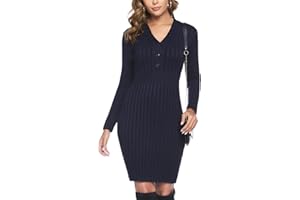 Gyabnw Vestido de Punto para Mujer Vestido de Invierno de Manga Larga de Cuello Pico con Botones Suéter con Cable Jerseys Largos