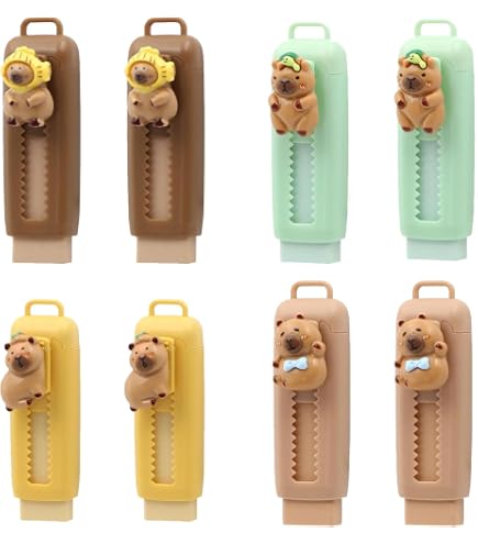 Lot 4 Gommes Rétractables Capybara – Gommes Mignonnes Enfants Étudiants, Effaceur Coulissant Motif Capybara Fun