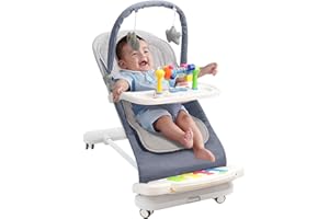 UUOEEBB Baby Bouncer with Detachable Piano Toys, Baby Rocker with Feeding Tray, Removable Toy Bar, Thickened Cushion and Wheels 4-Level Adjustable Bouncer Chair for Infants 0-18 Months (Blue)