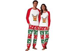 DEHOLIFER Weihnachten Schlafanzug Paar Sets, Weihnachten Familie Pyjama Sets, Weihnachtspyjama Baumwolle für Damen Herren Christmas Pyjama Family Set Langarm Oberteile + Pyjamahosen Zweiteiliger Nachtwäsche