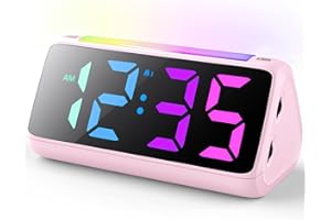 NETZU Digital Alarm Clock Children with Light, Colourful LED Display, 0-100% Brightness Dimmer, 2 Alarms, Snooze, 3 Alarm Volumes, USB Charging Port, Children's Alarm Clock for Bedroom (Pink)