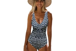 NLAND Costume Intero Donna da Contenitivo Increspato Controllo della Pancia Scollo a V da Bagno Costume Halter Spalline Regolabili Coulisse sul Petto Push Up