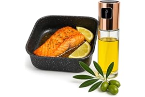 Terryshop74® Teglia Antiaderente 20x20x5 cm + Spruzzatore Olio 100 ml – Set per Friggitrice ad Aria e Forno – Teglia Antigraffio 7 Strati con Bottiglia Spray in Vetro Riutilizzabile