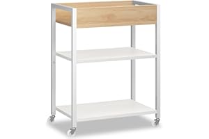 HOOBRO Carrello di Servizio a 3 Ripiani con Piedini Regolabili e Ruote, Carrello da Cucina con Sponde, per Bar, 64 x 40 x 85 cm, per Ristorante, Soggiorno, Bar, Bianco e Legno Naturale EWN64TC01