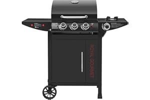 Royal Gourmet Barbecue Gaz à 3+1 Brûleurs en Acier Inoxydable, Gril à Gaz sur Chariot de Puissance 11,5 KW avec Tablette et Thermomètre, 2 Roues et 1 Porte, Adapté pour Jardin et Extérieure, Noir