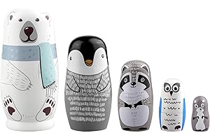 Visionpz Russian Nesting Dolls,Wooden Toys,Cute Russian Dolls, Polar Bear Owl Penguin Gifts Dolls, for Educational Learning Kids Toys, Christmas, Birthday Decoration (5pcs)