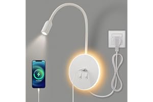 Awekliy LED Kinkiet, gęsia szyja z Przełącznikiem, z portem ładowania USB, Obrotowa Lampka Nocna Nowoczesna Lampa do Czytania lampki Ścienna, 3W 3000K+8W 6000K do sypialni, Z kablem i wtyczką (Biały)