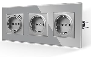 JIMEIDA 3 Enchufes (2*Enchufe Normal,1*Enchufe USB) en Gris,Enchufes de Vidrio de 16Amp con Carga Rápida USB y Puerto Tipo C 228 * 86mm,250V