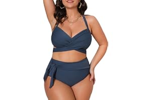 CUPSHE Damski strój kąpielowy plus size zestaw bikini z wysokim stanem owinięty przód wiązany tył wiązany dół