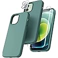 TOCOL 5 in 1 for iPhone 12 Case/iPhone 12 Pro Case 6.1", with 2 Pack Screen Protector + 2 Pack Camera Lens Protector, Silicone Slim Shockproof Cover [Anti-Scratch] [Drop Protection], Midnight Green