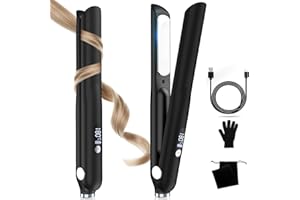 MOGAWAVE Cordless Hair Straighteners Curler 2 in 1 with 3 Temps, Mini Straightener, Portable Travel Straighteners for Short Hair, Rechargeable Flat Iron