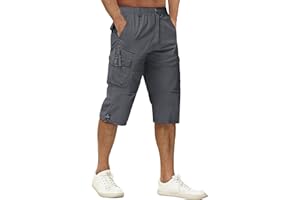 TACVASEN Men's 3/4 Length Shorts Cotton Casual Capri Cargo Shorts Cropped Trousers with Multi Pockets