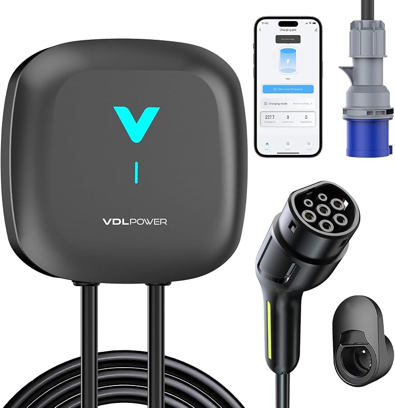 VDLPOWEREU Wallbox , Cargador para Vehículo Eléctrico 7kW,6-32A Type 2 Monofásica, Wi-Fi, Bluetooth, Interior/Exterior, soporte de enchufe, Protección IP67 para BEV/PHEV