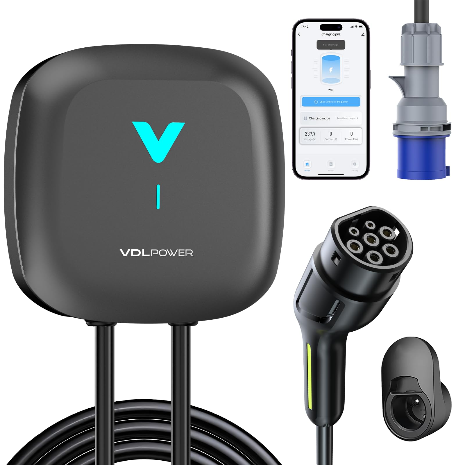 VDLPOWEREU Wallbox , Cargador para Vehículo Eléctrico 7kW,6-32A Type 2 Monofásica, Wi-Fi, Bluetooth, Interior/Exterior, soporte de enchufe, Protección IP67 para BEV/PHEV - 1