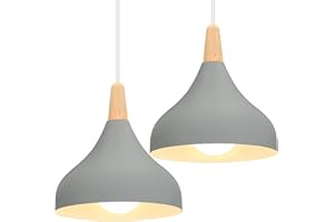 iDEGU Hängelampe Retro E27 Hängeleuchte Moderne Tropfenförmig Hut Deckenleuchte aus Metall Holz Pendelleuchte für Schlafzimmer Esszimmer Küche (Grau, 2 Stücke)