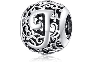 Shining Charm Initial Letter Name 925 Sterling Silver Charms for Bracelets Flower Alphabet A-Z Round Women Girls Bead Charm Jewellery