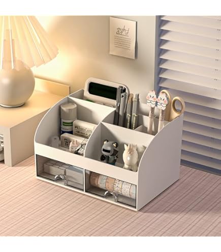 Catekro Desktop Organizer Houten Met Lade Organizer Pen Organizer Pen Houder Organizer Multifunctionele Desktop Organizer Geschikt Voor Studenten, Thuis, Kantoor (Kersenhout
