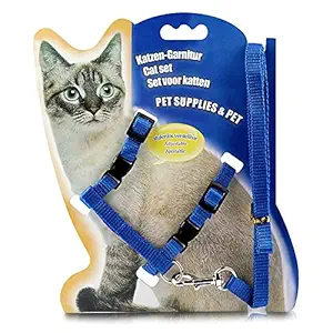 Cat Harness, Adjustable Harness Nylon Strap Collar with Leash, Cat Leash and Harness Set, for Cat and Small Pet Walking- Blue Color 1 Set