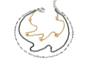 COOLSTEELANDBEYOND Argent Or Noir Acier Inoxydable Trois Rangées Femme Bracelets de Cheville avec Charms Pendantes Perle