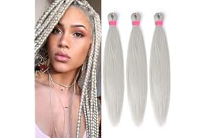 ‎CHRAYLEND Vorgedehntes Flechthaar Easy Braid Professional Juckreizfreie Kunstfaser-Häkelborten Yaki Texture Hair Extensions 3 Packungen Braid Hair 66cm Silber-Grau#