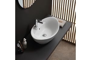 Kiamami Valentina - Lavabo d'Arredo Ovale | Ceramica Bianca | Con Foro Rubinetto e Troppopieno | Dimensioni 59x39x21,5 cm | Lavabo da Appoggio, Bianco, Ceramica