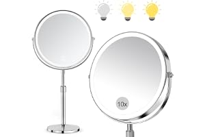 SURFOU Sminkspegel med LED-lampor 10X/1X, dubbelsidig förstoringsspegel med 3 belysningslägen och justerbar ljusstyrka, justerbar höjd, 360° rotation, för badrum och toalett
