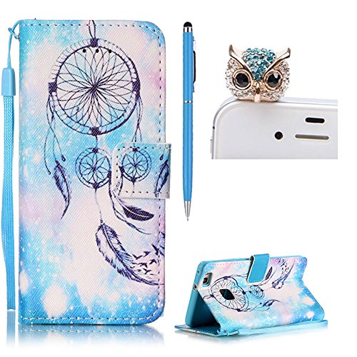 Huawei P9 Lite Hülle Leder ,SKYXD Stern Traumfänger Drucken Muster Schutzhülle PU Folio Ledertasche Trageschlaufe / Magnetverschluss / Kartenfächer Brieftasche / Standfunktion Handyhülle mit Eule Staubstecker + Eingabestift 3 in 1 Zubehör Handytasche Etui für Huawei P9 Lite Bookstyle Flip Leather Case With Stylus Dust Plug