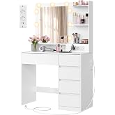 VASAGLE Makeup Vanity with Light, Mirror, Drawers and Plug | Desk, USB Ports, 80 x 40 x 144.5 cm, Cloud White, KAILYN Collect