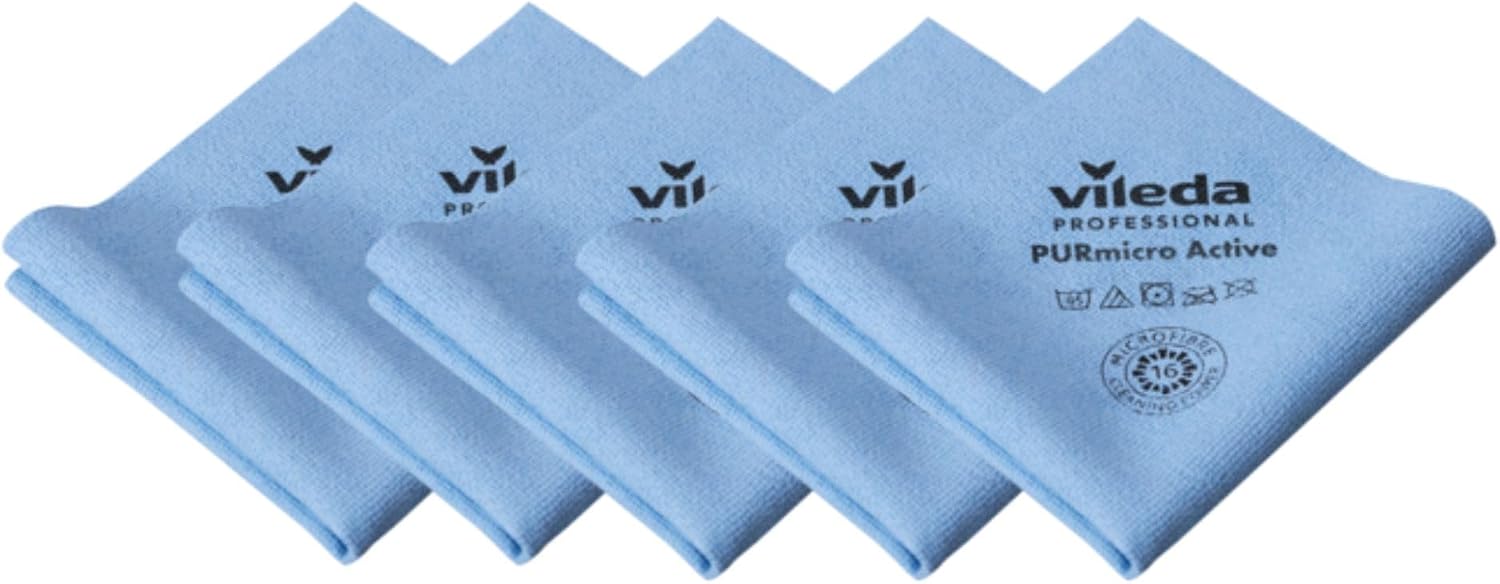 Vileda Professional, Bayeta PurMicro Active, Azul, Microfibra alto rendimiento, Recubrimiento PUR, Superficies lisas, Inox y Vidrio, Alta absorción, Secado sin rastros, Disponible 5 colores, 38x35cm