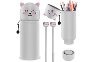 MINISOISO MINISO Estuche de Silicone 2 en 1 Kawaii con 2 Bolígrafos Extensibles - Animal para Adolescente y Niña, Escuela y Oficina (Gato)
