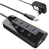 Atolla Hub USB alimenté, Hub USB 3.0 à 4 Ports Plus Ports dédiés à la Charge avec interrupteurs Marche/arrêt - Adaptateur d'a