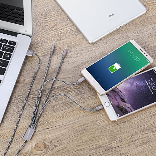 Multi USB-Kabel, jastek 3,3 Füße (1 Meter) 4 in 1 Geflochten mehrere Ladekabel Aluminum Adapter Stecker mit Typ C, 2 x 8 Pin Beleuchtung, Micro USB für universell einsetzbar – Aluminum Grau - 7