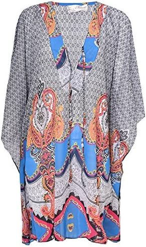 Qed Womens Orient Print V Neck Chiffon Poncho In Blue Size S/M