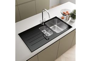 SÄUBER® 1000 x 500mm Stainless Steel Kitchen Sink Black Glass Surround 1.5 Bowl Inset Drop in Installation, Left Hand Drainer, 18/8 Grade Steel Sinks, Free Basket Strainer Waste